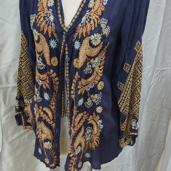 Johnny Was Embroidered Navy and Gold Open Front Jacket - Picture 4 of 13